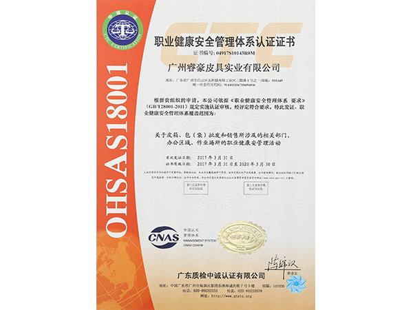 91avOHSA18001職（zhí）業健康安全管理體係認證證書